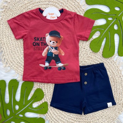  Conj. Camiseta Skate on the Street e Bermuda - Vermelho Maple